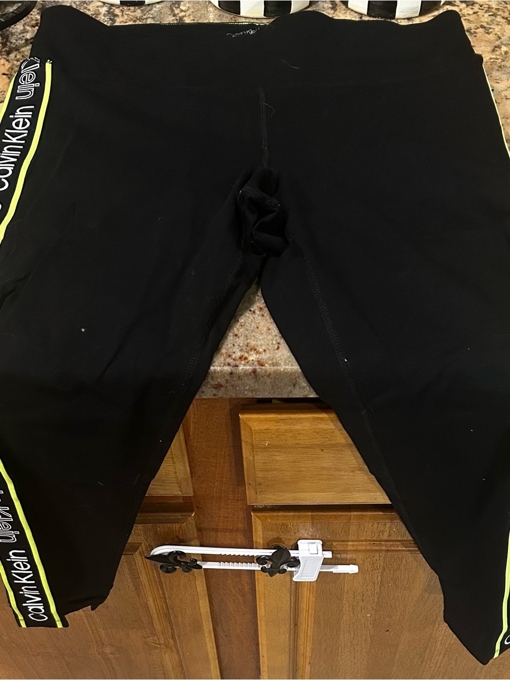 Calvin Klein Black Leggings with Neon Yellow Side Stripe